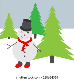 Illustration of a snowman and Christmas tree