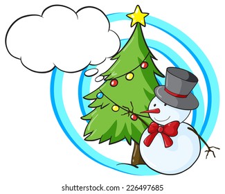 illustration of a snowman and a christmas tree