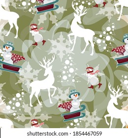 Illustration with snowman and deers on the green background