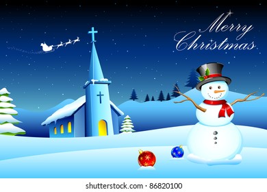 illustration of snowman in front of church in christmas night