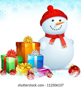 illustration of snowman with gift box for Christmas