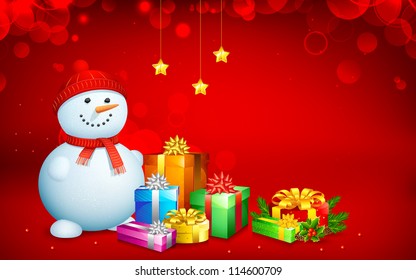 illustration of snowman with gift box for Christmas