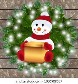 Illustration of snowman with gift box, fir tree branches, holly leaves, light garland and wood background
