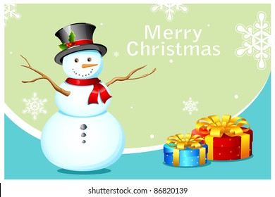 illustration of snowman with gift box on snowy background