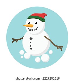 Illustration of snowman. Happy snowman isolated on blue background. Winter illustration. Perfect for t-shirt design, children book, coloring book, education, or any design purposes. 