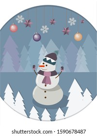 Illustration of a snowman in a hat in the forest for a postcard