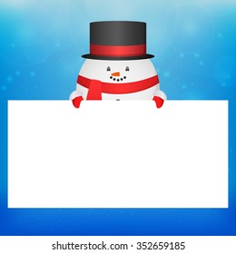 Illustration with a snowman in a hat and a place for text for your creativity