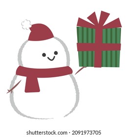 Illustration of a snowman holding a present