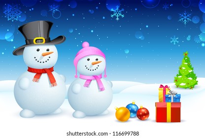 illustration of snowman and lady with Christmas gift