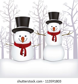illustration of snowman, on a background of snow and trees, vector illustration