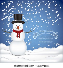 illustration of snowman, on a background of snow and snowflakes, vector illustration