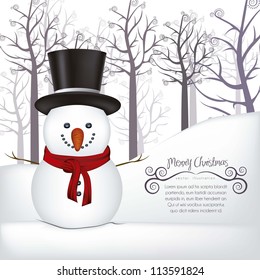 illustration of snowman, on a background of snow and trees, vector illustration