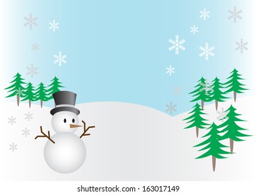 illustration of snowman, on a background of winter snow and snowflakes, vector images
