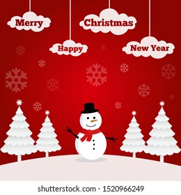 Illustration of a snowman on Christmas. Red background with snowflakes. Merry Christmas and Happy New Year.