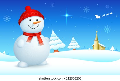 illustration of snowman on snowy landscape in christmas night
