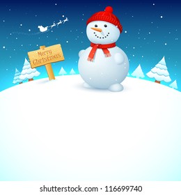 illustration of snowman on snowy landscape in christmas night