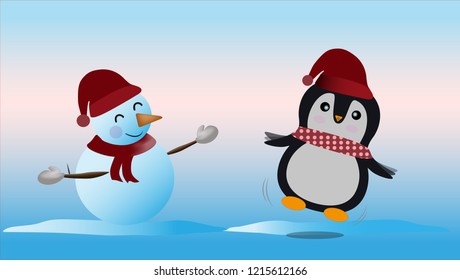 Illustration of Snowman and penguin celebrating winter season is coming with snowing