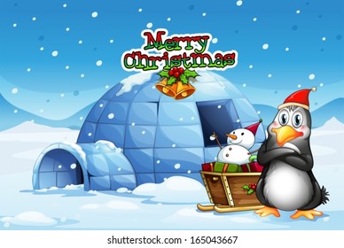 Illustration of a snowman and a penguin in front of the igloo