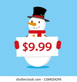 Illustration of snowman with price card, for promotion