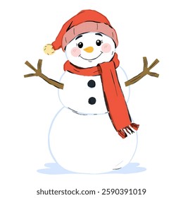 Illustration of a Snowman with a Red Scarf Frosty Winter Snowman, Holiday Snow Figure