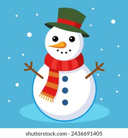 illustration of a snowman with a scarf and hat on a blue background done in the style of vector graphics