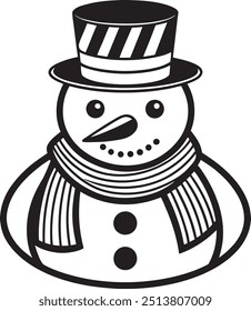 Illustration of a snowman with a scarf and a top hat, big eyes and a carrot nose. Icon concept. Black lines only!!! Low detailed and minimalist.