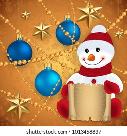 Illustration of snowman with scroll, Christmas balls, gold stars and beads
