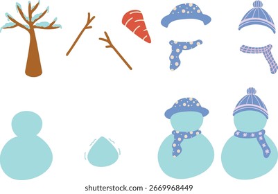 illustration of a snowman set with accessories