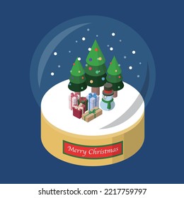 Illustration of a snowman snow globe with Christmas presents placed under a Christmas tree. Three-dimensional isometric Christmas image.
