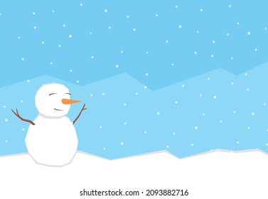 An illustration of a snowman in the snowy mountain with some copy space area