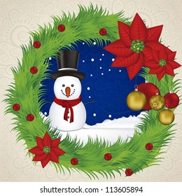 illustration of snowman, in a wreath, vector illustration