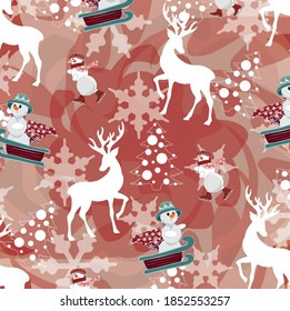 Illustration with snowmans and deers on the red background