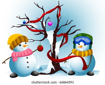 Illustration of Snowmen Decorating a Tree