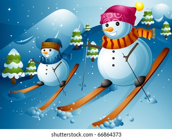 Illustration of Snowmen Skiing Down a Mountain Slope