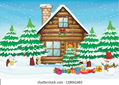 illustration of snowmen, a tree and a house in snowfall