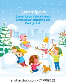 Illustration with snowy background and kids playing