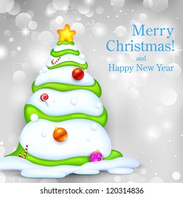 illustration of snowy Christmas tree on abstract background