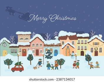 Illustration of a snowy city landscape at Christmas night