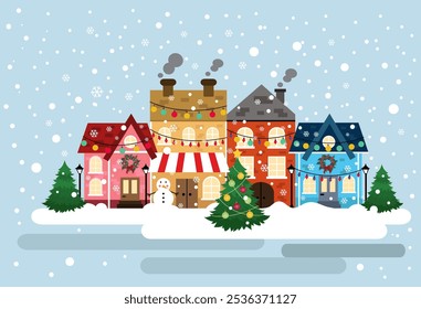 Illustration of a snowy city on a light blue background.
