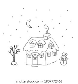 Illustration of a snowy house and a fun snowman and tree isolated on a white background for a coloring book