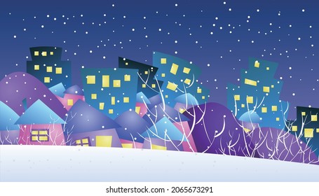Illustration of a snowy landscape on a winter night in a colorful village