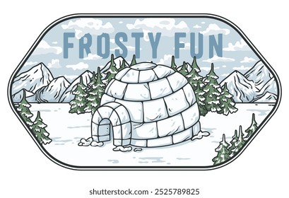 Illustration of a snowy mountain landscape with pine trees and an igloo in the foreground, with a sign above reading frosty fun