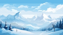 Illustration Of Snowy Mountains Realistic Illustration Of Mountain Landscape With Hill And Forest With Coniferous Trees, Alpine Mountain Range Background, Snow Capped Mountains Vector Background
