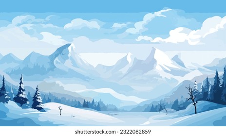 illustration of snowy mountains Realistic illustration of mountain landscape with hill and forest with coniferous trees, Alpine mountain range background, snow capped mountains vector background