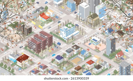 Illustration of a snowy winter cityscape.