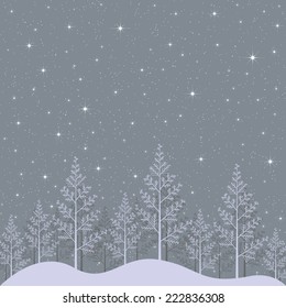 Illustration of snowy winter forest night with bright stars