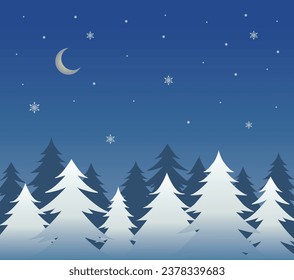 Illustration of a snowy winter night landscape with pine trees and the moon
