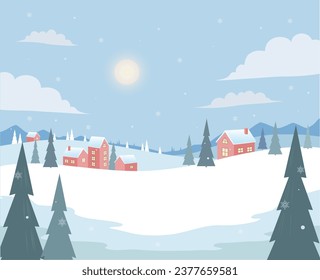 Illustration of a snowy winter village landscape with houses and pine trees