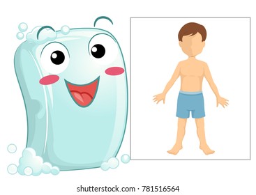 Illustration of a Soap Bar Mascot with a Drawing of a Boy. Body Care.