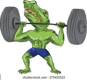 Illustration of Sobek also called Sebek, Sochet, Sobk, and Sobki an ancient Egyptian deity with head of crocodile and body of man lifting barbell on isolated background in caricature cartoon style. 